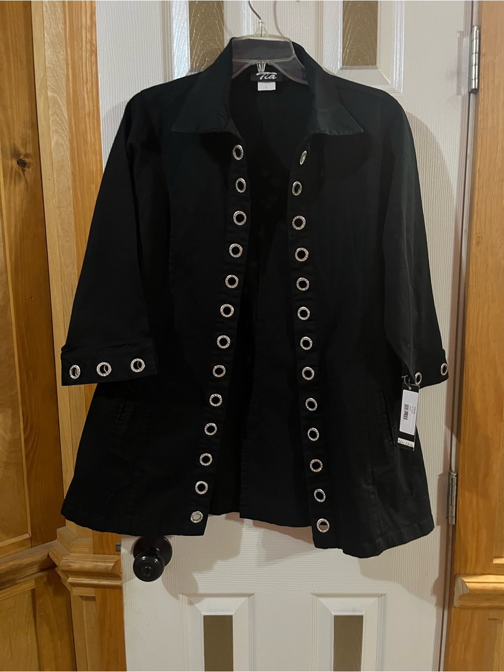 Black Shiny Grommet-Trim Button Front Jacket